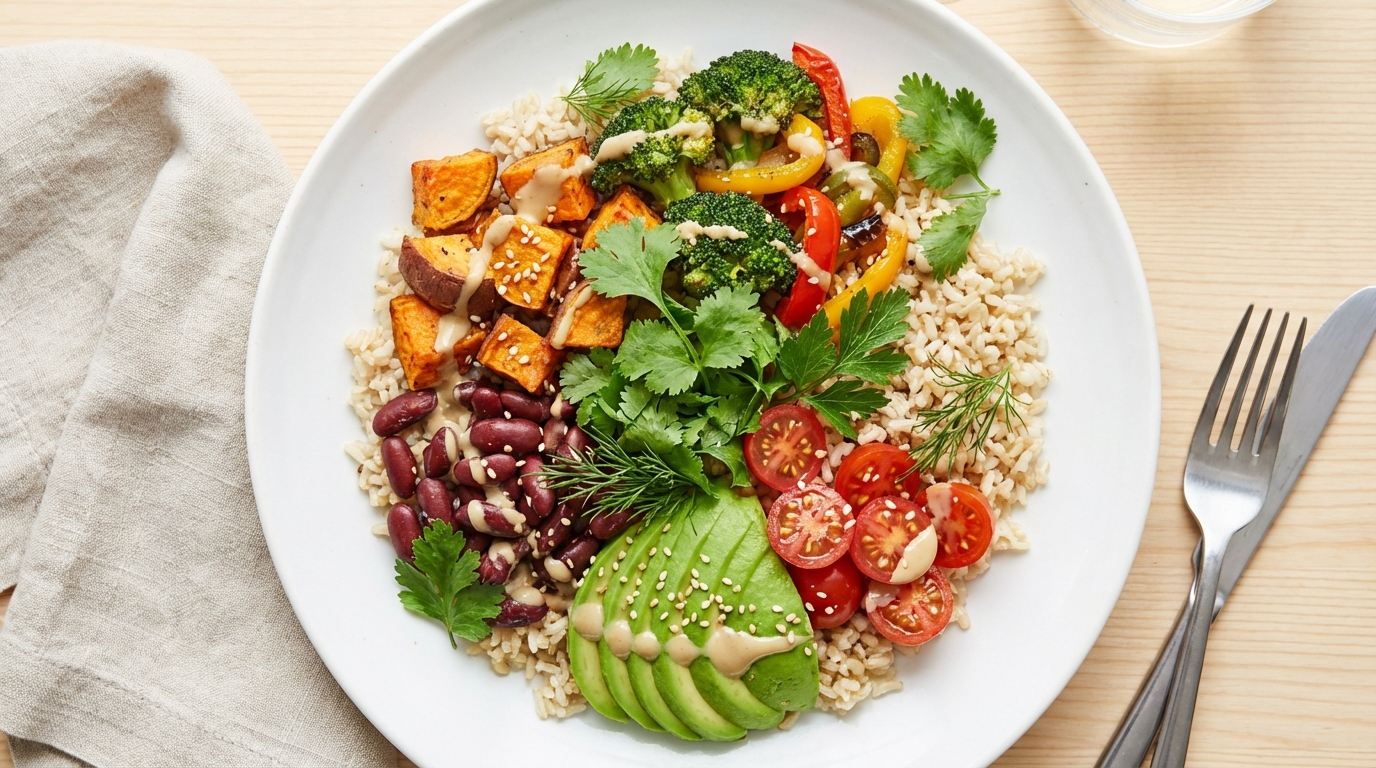 อาหารคลีน plant-based ข้าวกล้อง ผัก ถั่ว